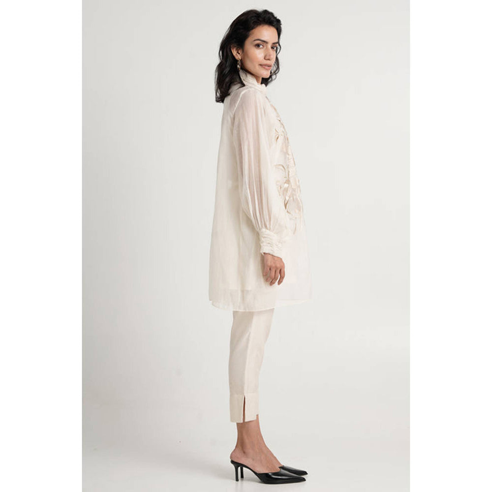 MADDER MUCH Women Ivory Chanderi Silk Floral Tunic with Pant