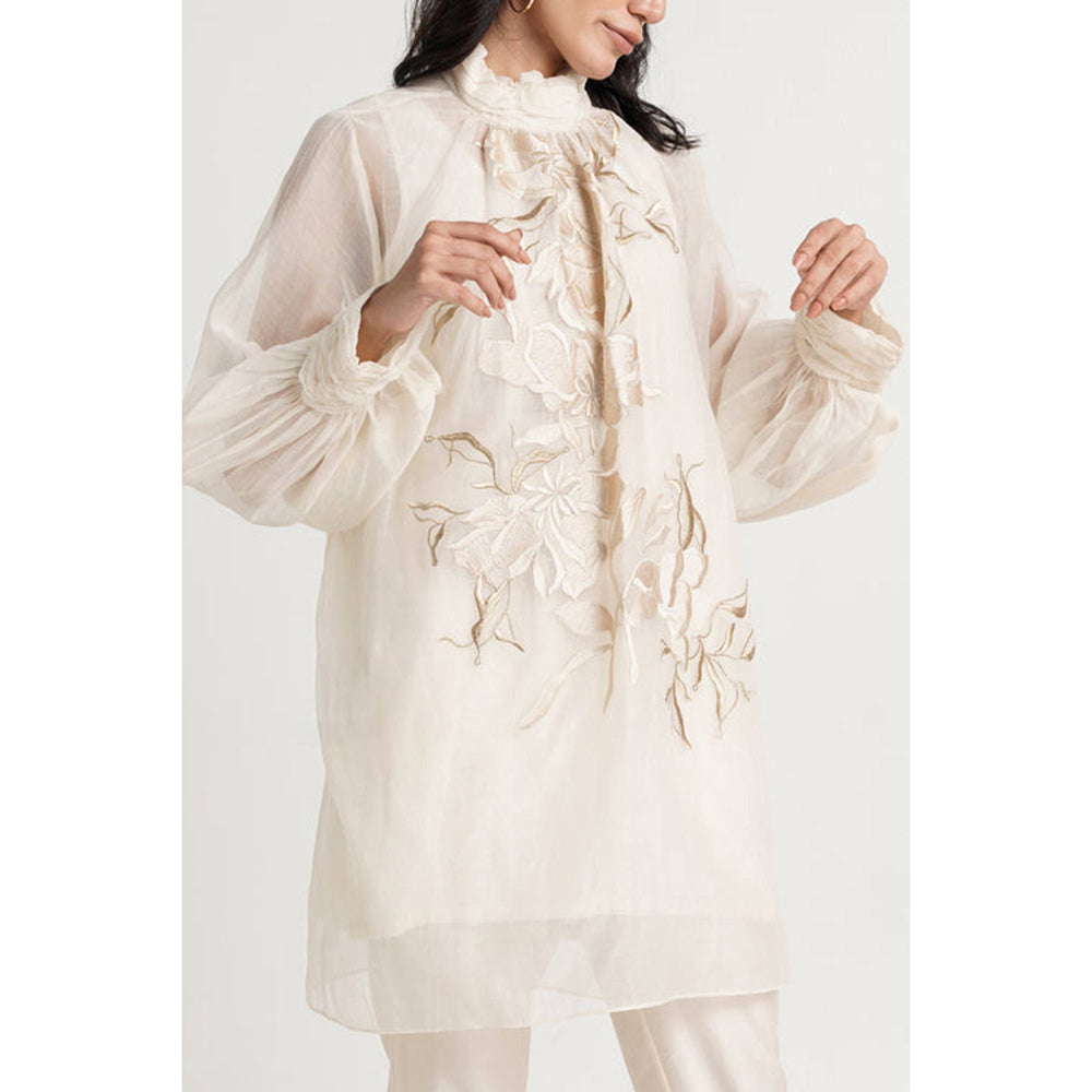 MADDER MUCH Women Ivory Chanderi Silk Floral Tunic with Pant