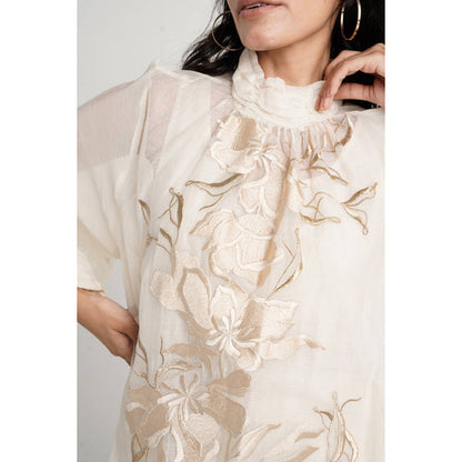 MADDER MUCH Women Ivory Chanderi Silk Floral Tunic with Pant