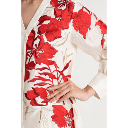 MADDER MUCH Women White Chanderi Silk Floral Tunic with Pant