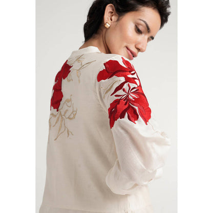 MADDER MUCH Women White Chanderi Silk Floral Tunic with Pant