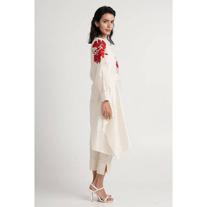 MADDER MUCH Women White Chanderi Silk Floral Tunic with Pant
