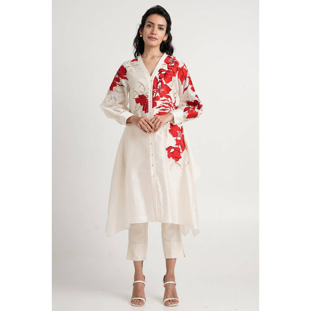 MADDER MUCH Women White Chanderi Silk Floral Tunic with Pant