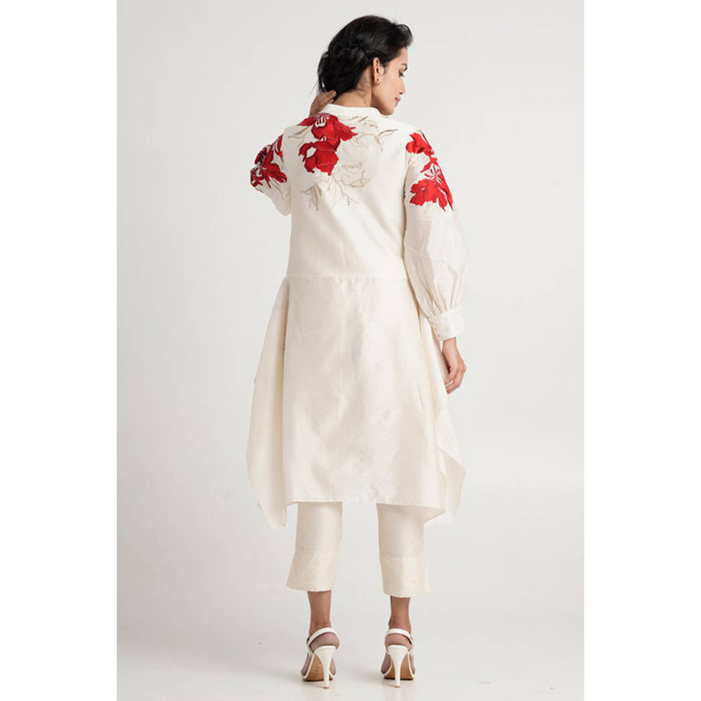 MADDER MUCH Women White Chanderi Silk Floral Tunic with Pant