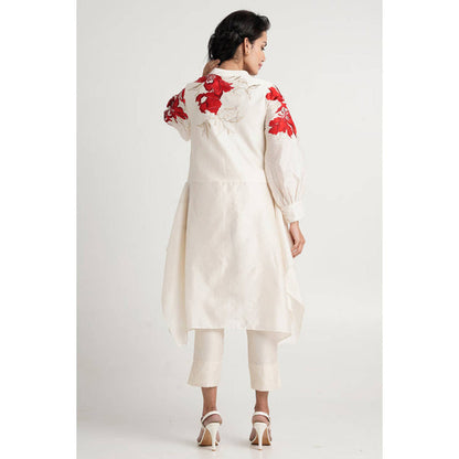 MADDER MUCH Women White Chanderi Silk Floral Tunic with Pant