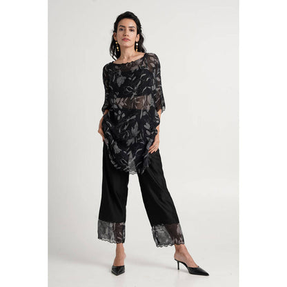MADDER MUCH Women Black Chanderi Floral Top with Pant and Bustier