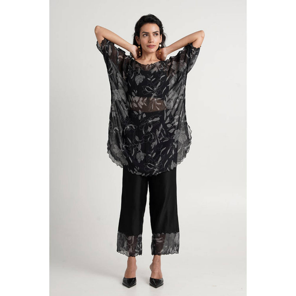 MADDER MUCH Women Black Chanderi Floral Top with Pant and Bustier