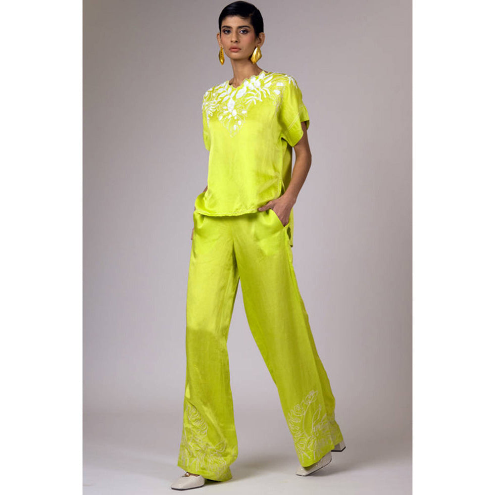 MADDER MUCH Green Embroidered Asymmetrical Top With Pant