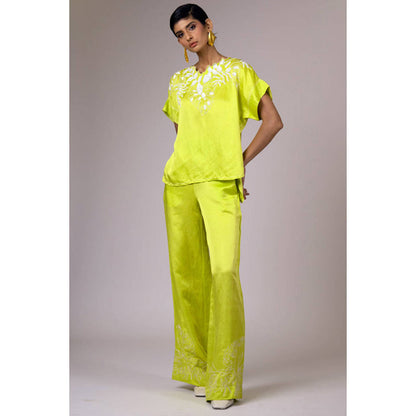 MADDER MUCH Green Embroidered Asymmetrical Top With Pant