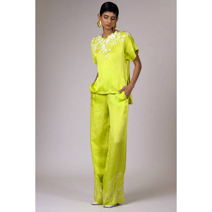 MADDER MUCH Green Embroidered Asymmetrical Top With Pant