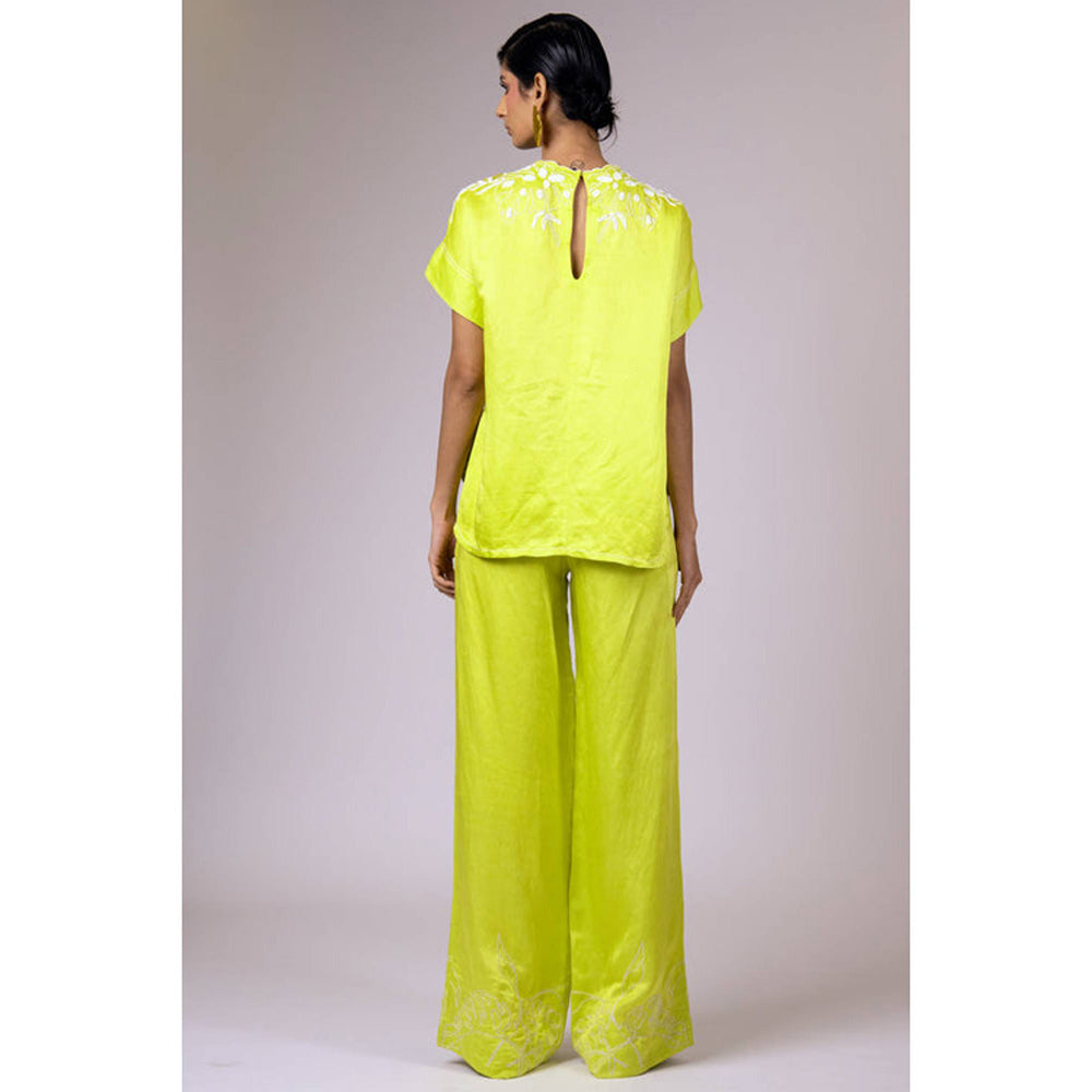 MADDER MUCH Green Embroidered Asymmetrical Top With Pant