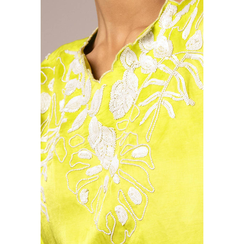 MADDER MUCH Green Embroidered Asymmetrical Top With Pant