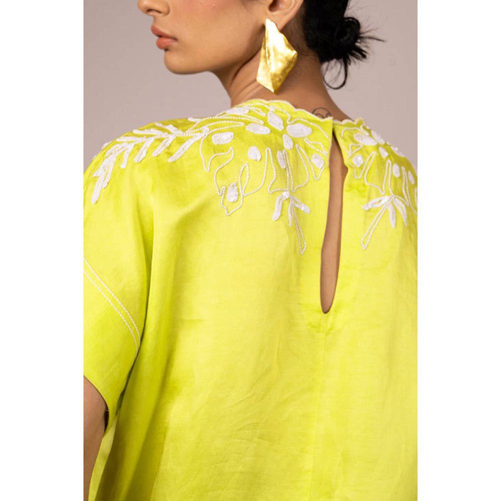 MADDER MUCH Green Embroidered Asymmetrical Top With Pant