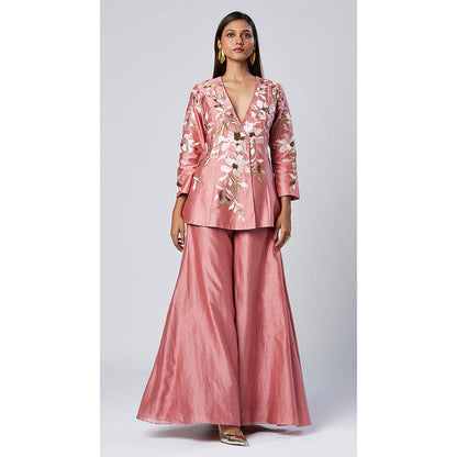 MADDER MUCH Pink Chanderi Silk V-Neck Embroidered Peplum Top With Palazzo