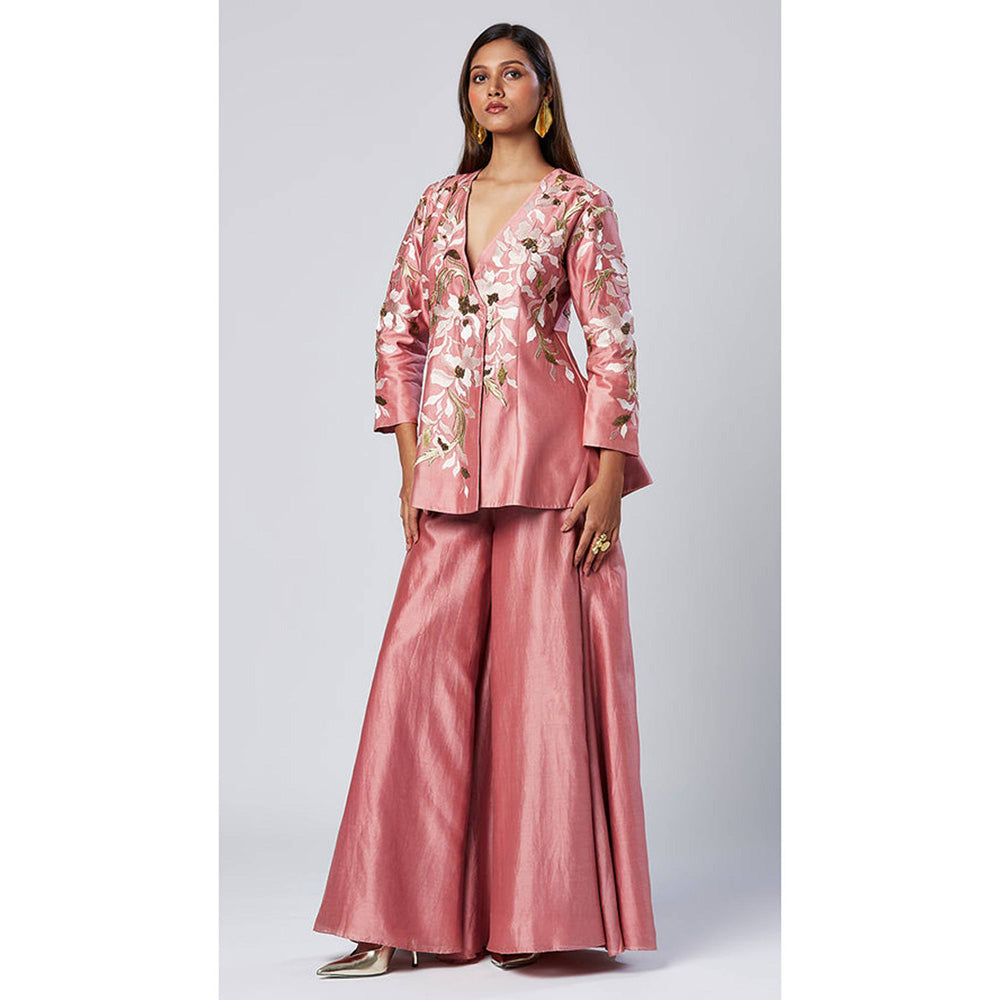 MADDER MUCH Pink Chanderi Silk V-Neck Embroidered Peplum Top With Palazzo