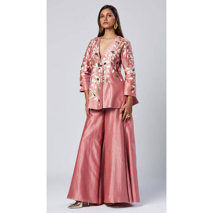 MADDER MUCH Pink Chanderi Silk V-Neck Embroidered Peplum Top With Palazzo