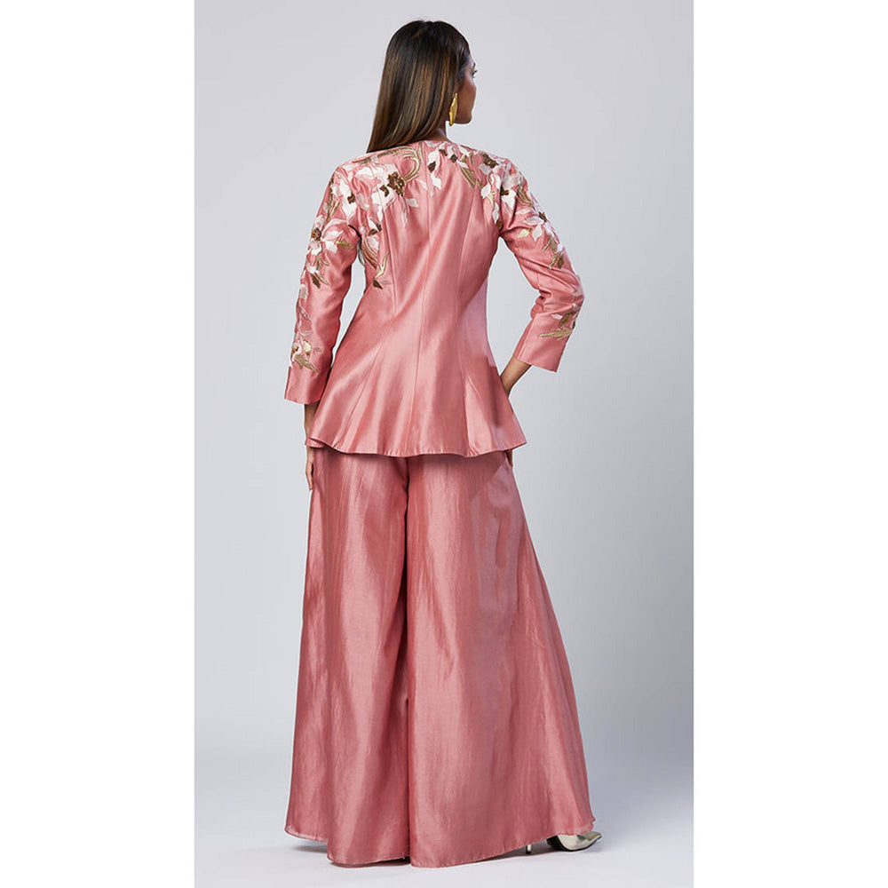 MADDER MUCH Pink Chanderi Silk V-Neck Embroidered Peplum Top With Palazzo