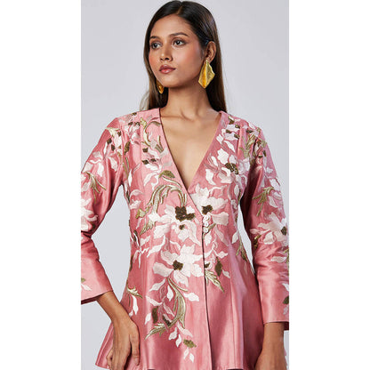 MADDER MUCH Pink Chanderi Silk V-Neck Embroidered Peplum Top With Palazzo