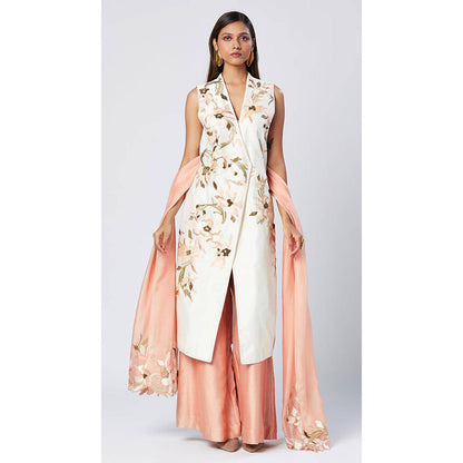 MADDER MUCH White Chanderi Silk V-Neck Floral Kurta With Palazzo And Dupatta
