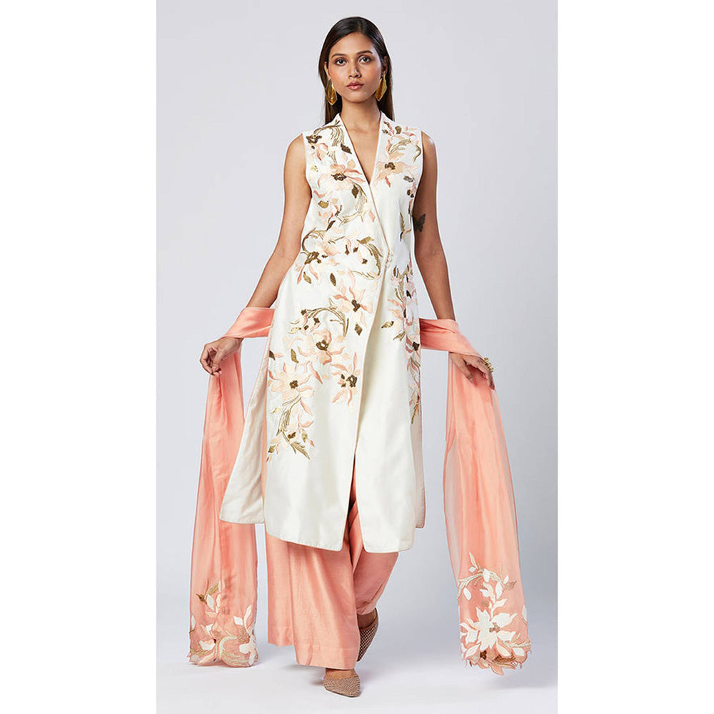 MADDER MUCH White Chanderi Silk V-Neck Floral Kurta With Palazzo And Dupatta