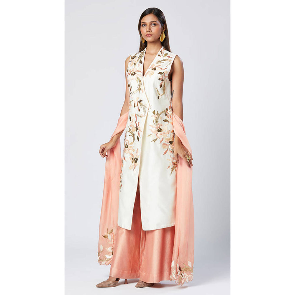 MADDER MUCH White Chanderi Silk V-Neck Floral Kurta With Palazzo And Dupatta