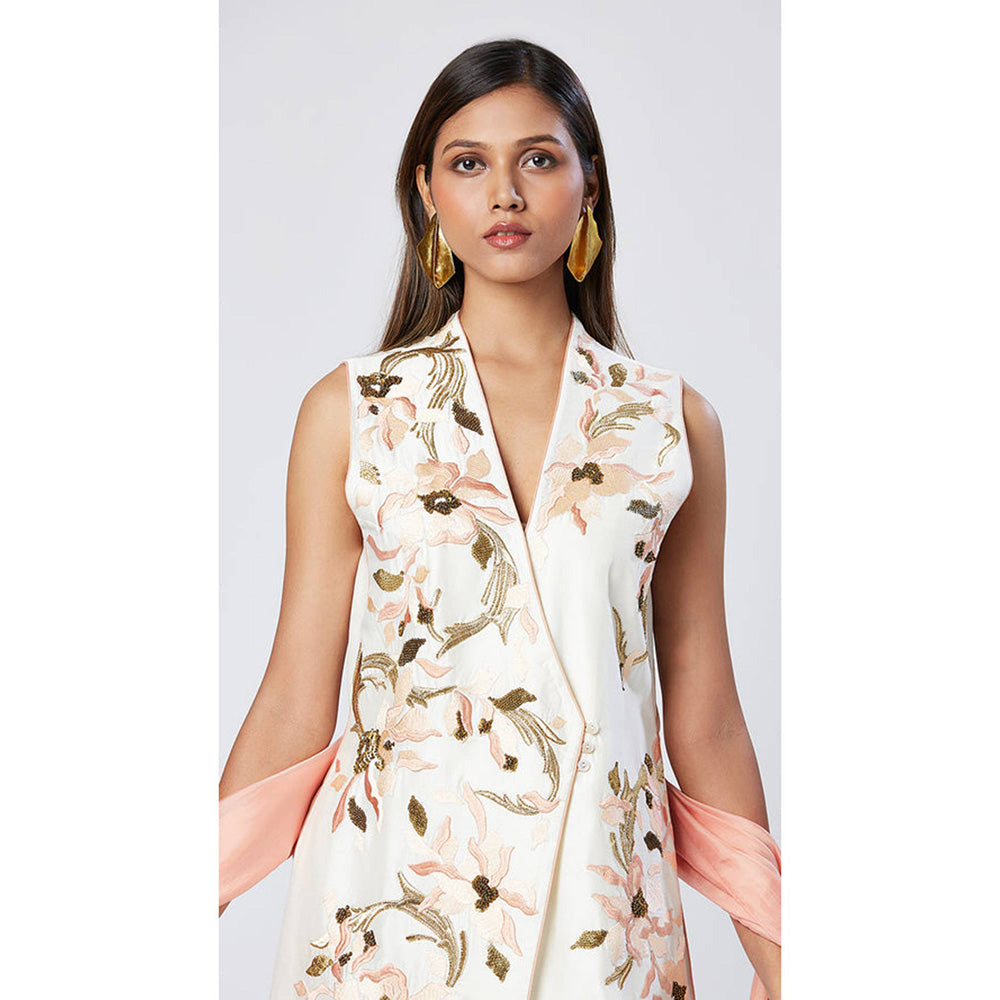 MADDER MUCH White Chanderi Silk V-Neck Floral Kurta With Palazzo And Dupatta