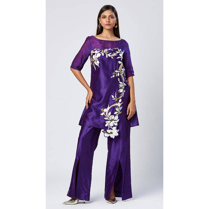 MADDER MUCH Purple Embroidered Boat Neck Kurta With Palazzo Co-ords