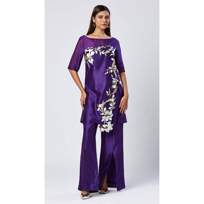 MADDER MUCH Purple Embroidered Boat Neck Kurta With Palazzo Co-ords