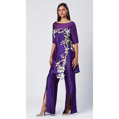 MADDER MUCH Purple Embroidered Boat Neck Kurta With Palazzo Co-ords