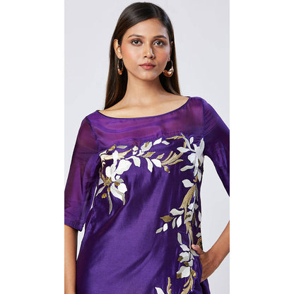 MADDER MUCH Purple Embroidered Boat Neck Kurta With Palazzo Co-ords