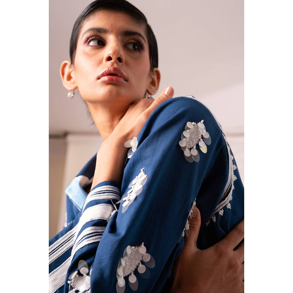 MADDER MUCH Indigo Embroidered Collar Neck Top With Palazzo