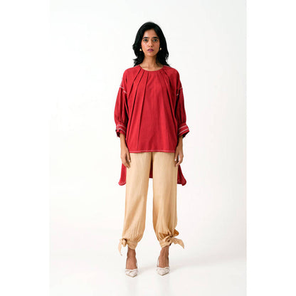 MADDER MUCH Red Cotton Round Neck Solid Top With Salwar
