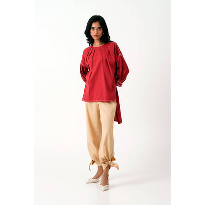MADDER MUCH Red Cotton Round Neck Solid Top With Salwar