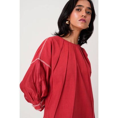 MADDER MUCH Red Cotton Round Neck Solid Top With Salwar