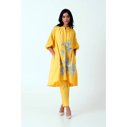 MADDER MUCH Yellow Embroidered Mandarin Neck Kurta With Pant