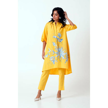 MADDER MUCH Yellow Embroidered Mandarin Neck Kurta With Pant