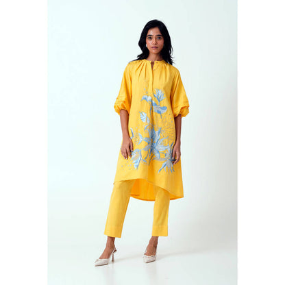 MADDER MUCH Yellow Embroidered Mandarin Neck Kurta With Pant