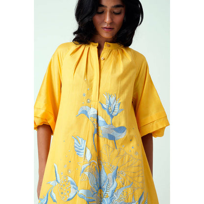 MADDER MUCH Yellow Embroidered Mandarin Neck Kurta With Pant