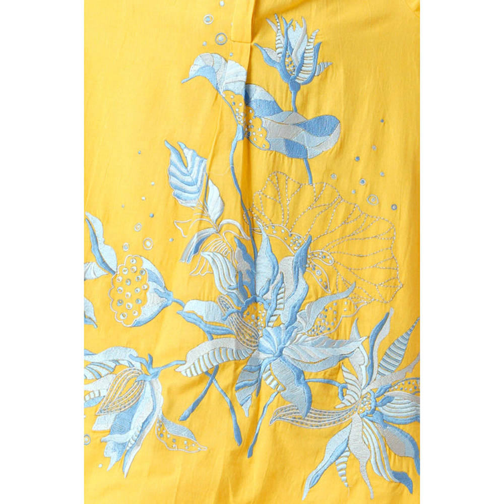 MADDER MUCH Yellow Embroidered Mandarin Neck Kurta With Pant