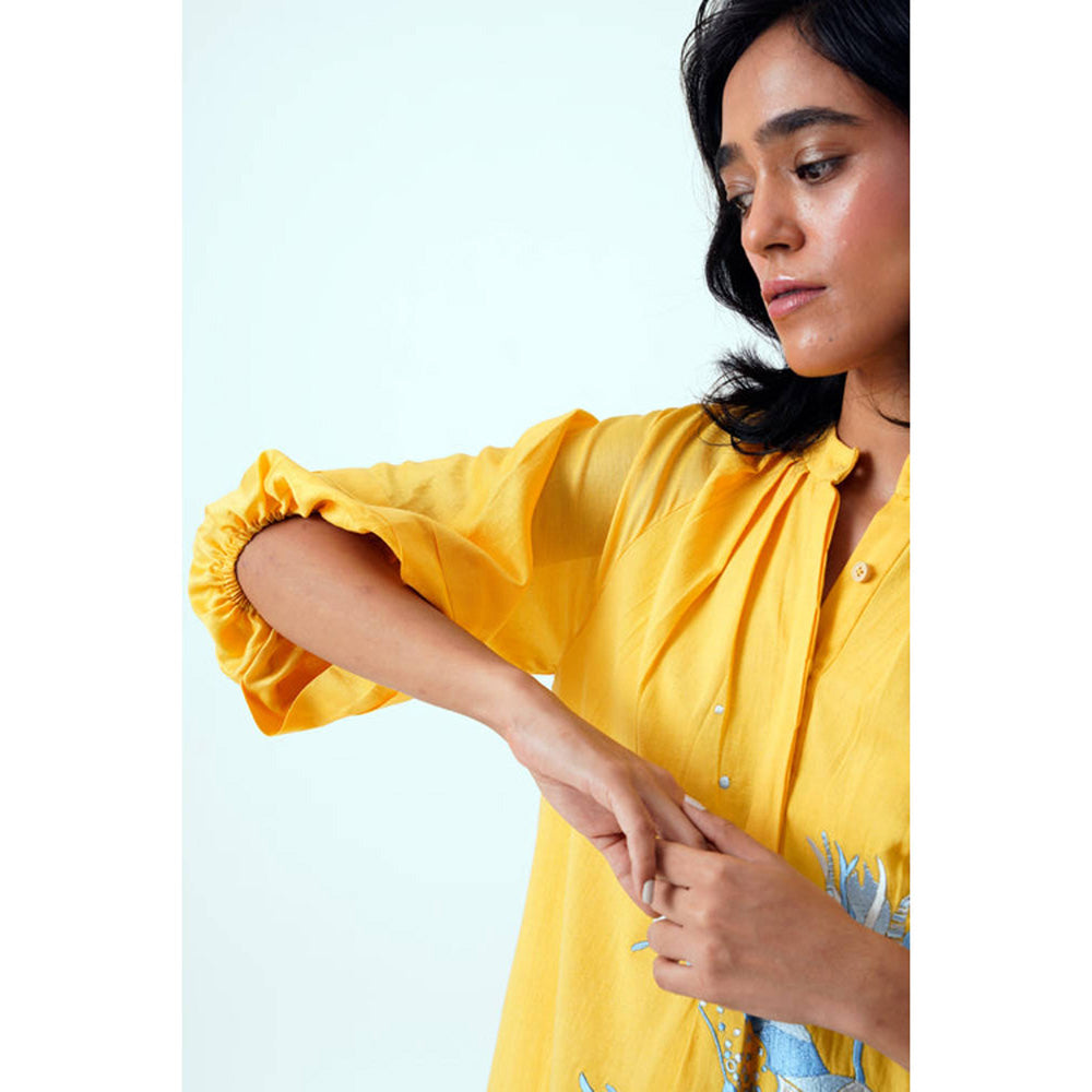 MADDER MUCH Yellow Embroidered Mandarin Neck Kurta With Pant