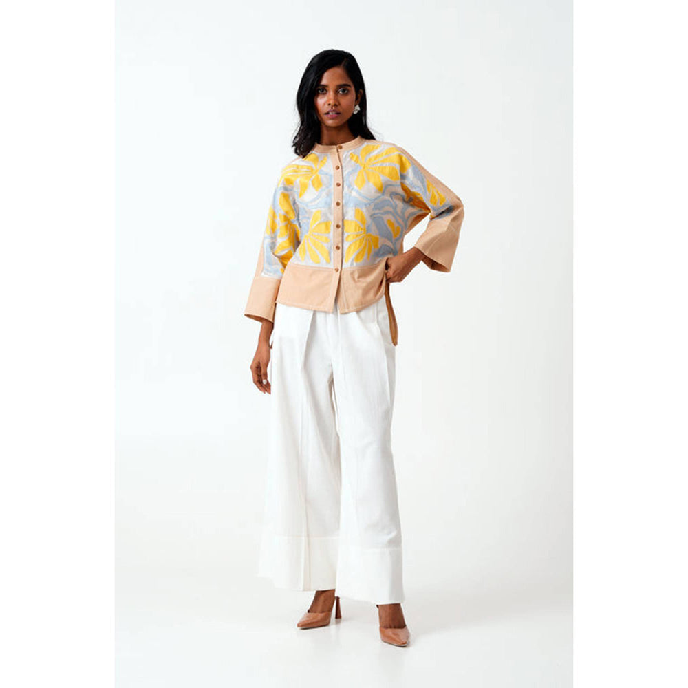 MADDER MUCH Bask and Pete Latte Panel Appliqued Top with White Pleated Pants
