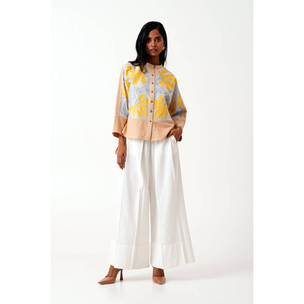 MADDER MUCH Bask and Pete Latte Panel Appliqued Top with White Pleated Pants