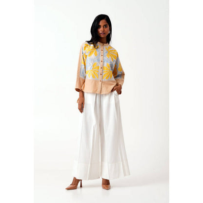 MADDER MUCH Bask and Pete Latte Panel Appliqued Top with White Pleated Pants