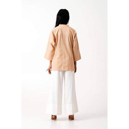 MADDER MUCH Bask and Pete Latte Panel Appliqued Top with White Pleated Pants