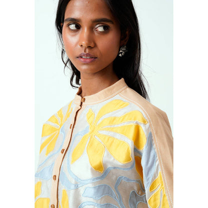 MADDER MUCH Bask and Pete Latte Panel Appliqued Top with White Pleated Pants