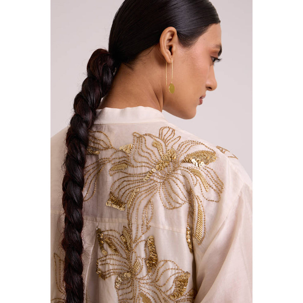 MADDER MUCH Women Beige Chanderi Floral Kurta with Pant