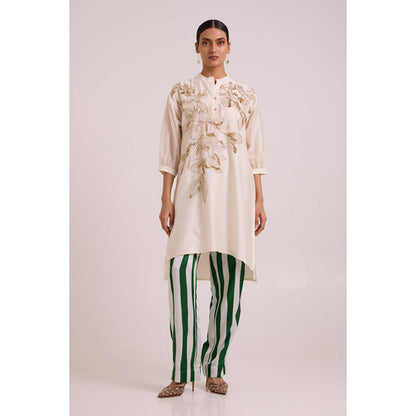 MADDER MUCH Women Beige Chanderi Floral Kurta with Pant