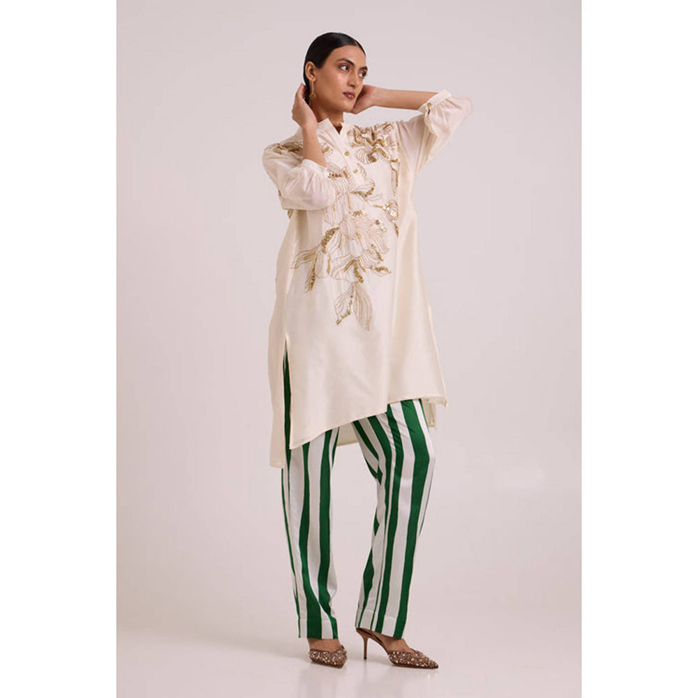 MADDER MUCH Women Beige Chanderi Floral Kurta with Pant