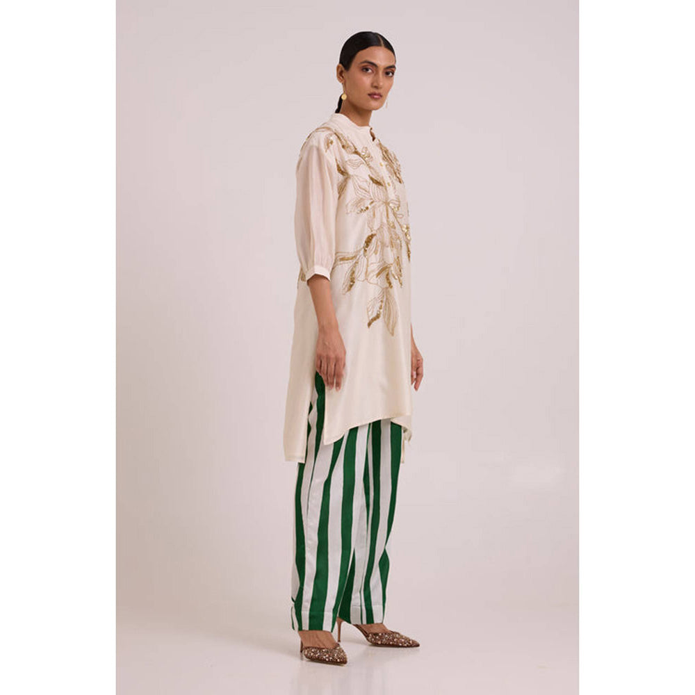 MADDER MUCH Women Beige Chanderi Floral Kurta with Pant