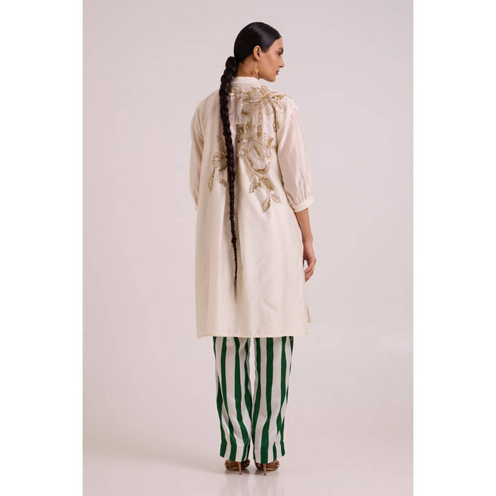 MADDER MUCH Women Beige Chanderi Floral Kurta with Pant